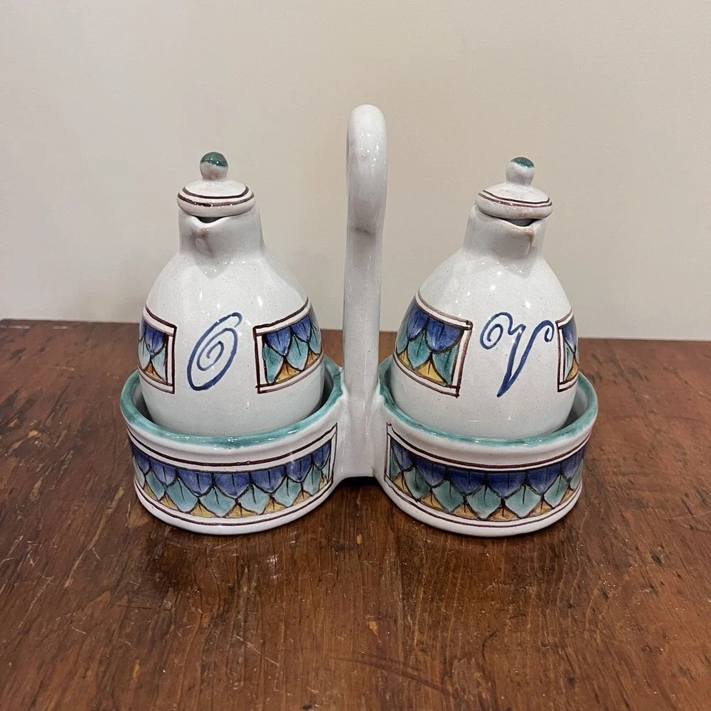 Colorful Pair Oil Vinegar Cruet Set w/ Caddy Hand Painted Made‎ in Italy